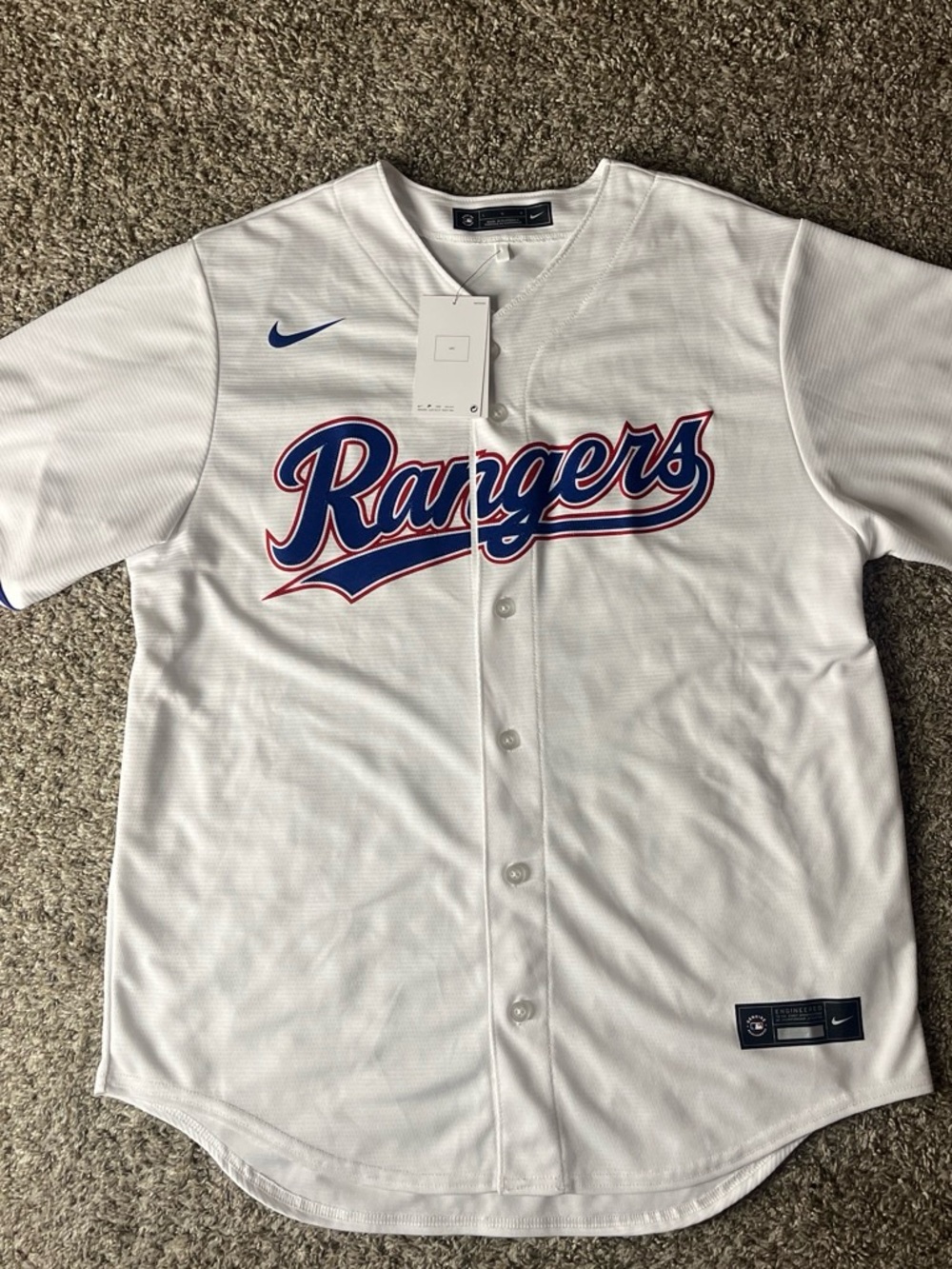 Nike White Texas Rangers Script Baseball Jersey with Blue & Red Trim